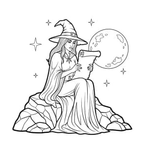 Bruxa lendo pergaminho antigo sob a luz da lua.
