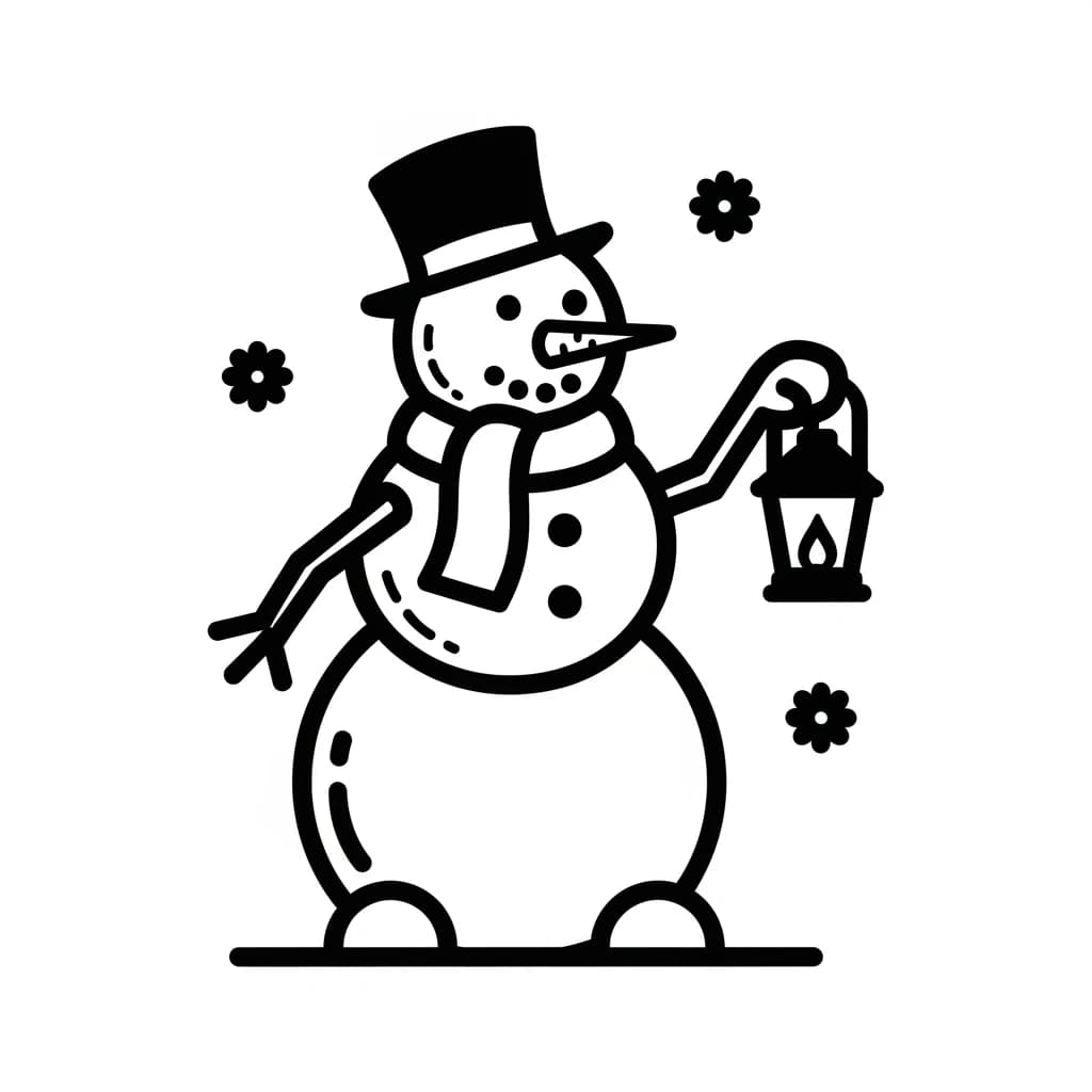 Boneco de neve com lanterna para colorir. Uma cena encantadora para iluminar o inverno com criatividade e diversão.