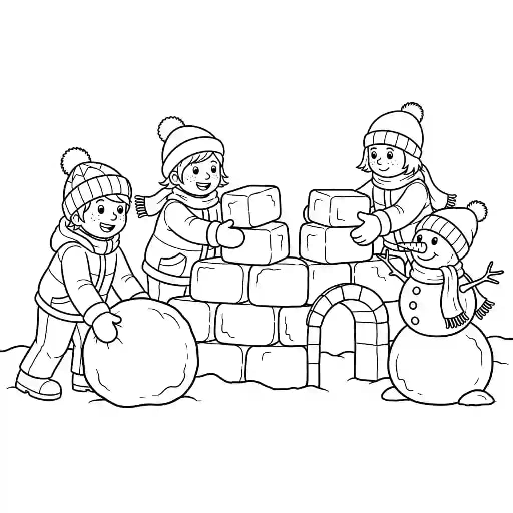 crianças construindo um iglu com blocos de neve ao lado de um boneco de neve sorridente