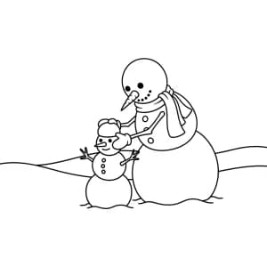 desenho de boneco de neve adulto ajudando um boneco de neve pequeno para colorir