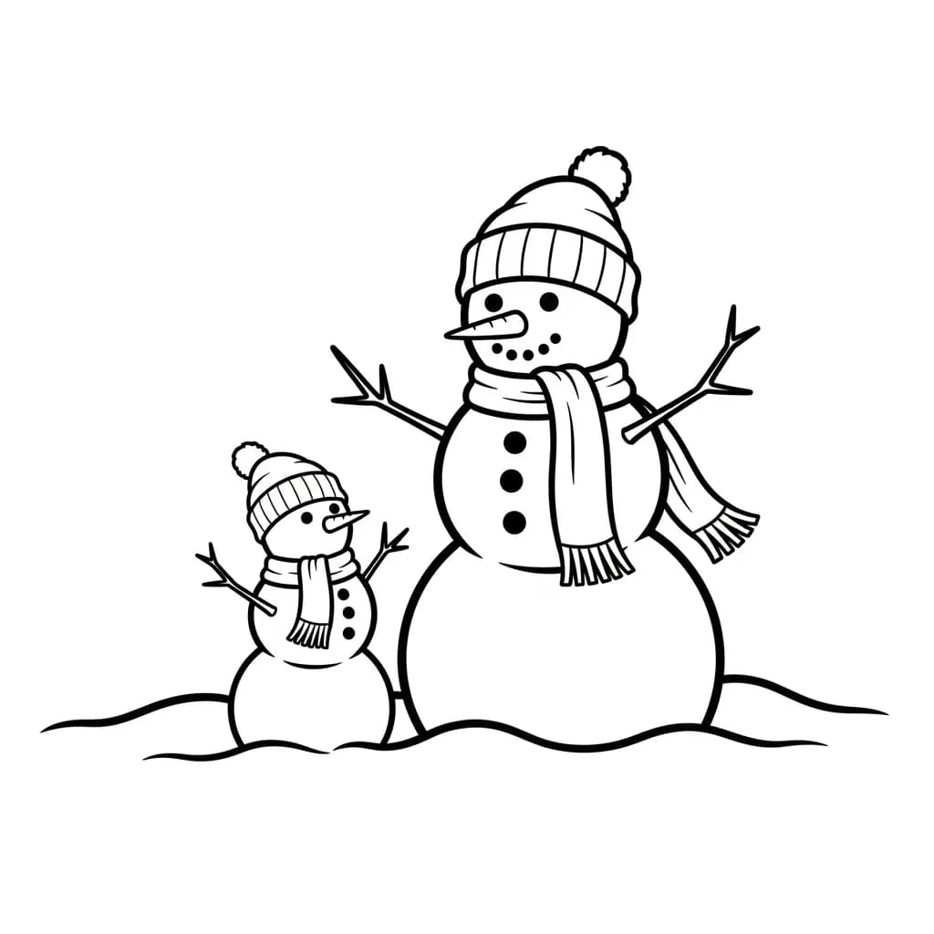 boneco de neve grande com um pequeno boneco de neve usando gorros e cachecóis
