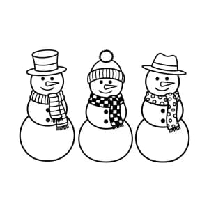 três bonecos de neve com chapéus e cachecóis diferentes sorrindo no inverno