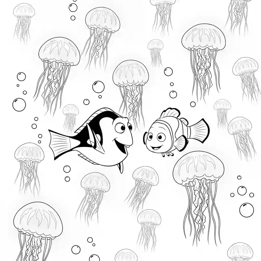 Dory e Nemo nadando entre águas-vivas brilhantes para colorir