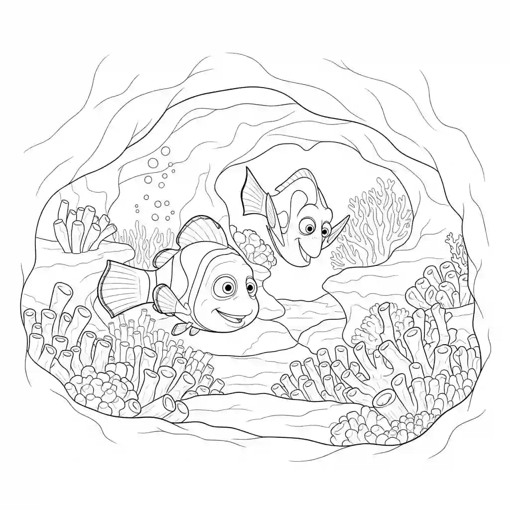 Marlin e Dory explorando uma caverna submarina em Procurando Nemo para colorir.