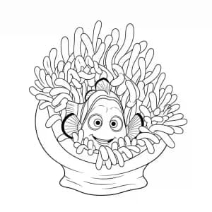 Nemo escondido dentro de uma anêmona marinha para colorir.