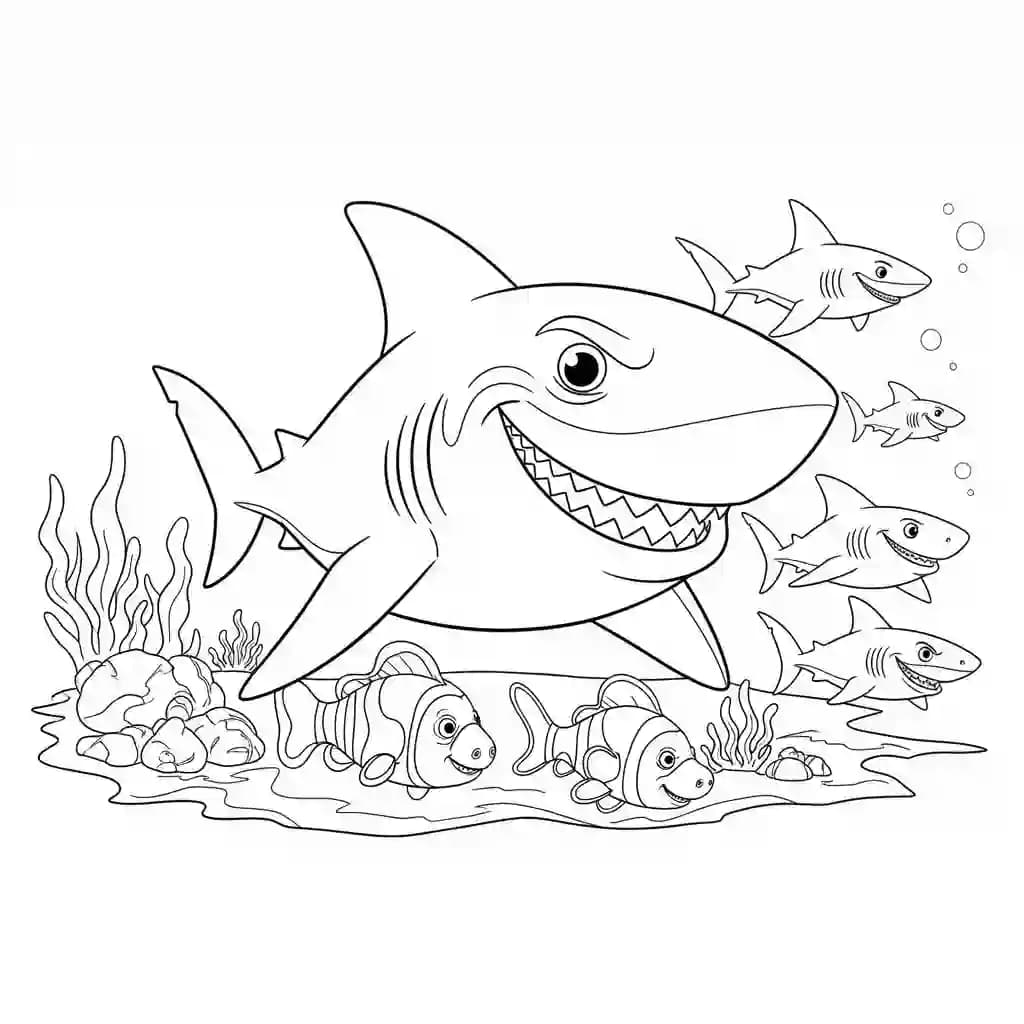 Bruce o tubarão nadando com seus amigos em Procurando Nemo para colorir.