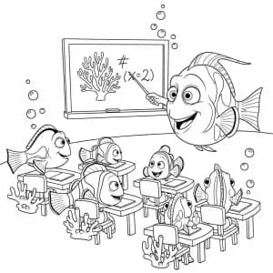 Nemo e colegas aprendendo na escola de peixes em Procurando Nemo para colorir.