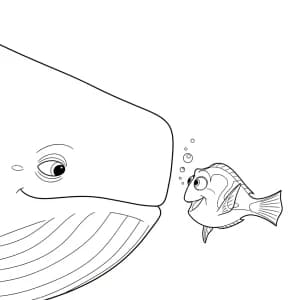 Dory conversando com uma baleia gigante no oceano em Procurando Nemo para colorir.
