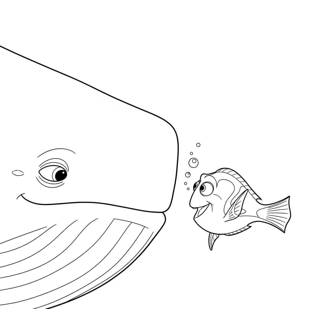 Dory conversando com uma baleia gigante no oceano em Procurando Nemo para colorir.