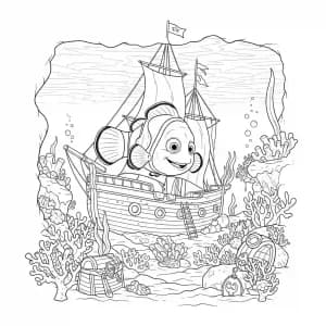 Nemo explorando um navio afundado com corais e tesouros em Procurando Nemo para colorir.