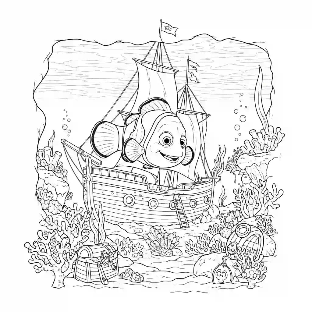 Nemo explorando um navio afundado com corais e tesouros em Procurando Nemo para colorir.