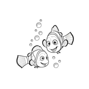 Marlin e Nemo se divertindo entre bolhas no oceano em Procurando Nemo para colorir