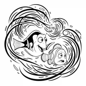 Dory ajudando Marlin a nadar pelas correntes do oceano em Procurando Nemo para colorir.