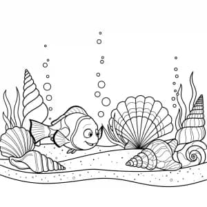 Nemo e Dory pegando conchas coloridas no fundo do mar em Procurando Nemo para colorir.