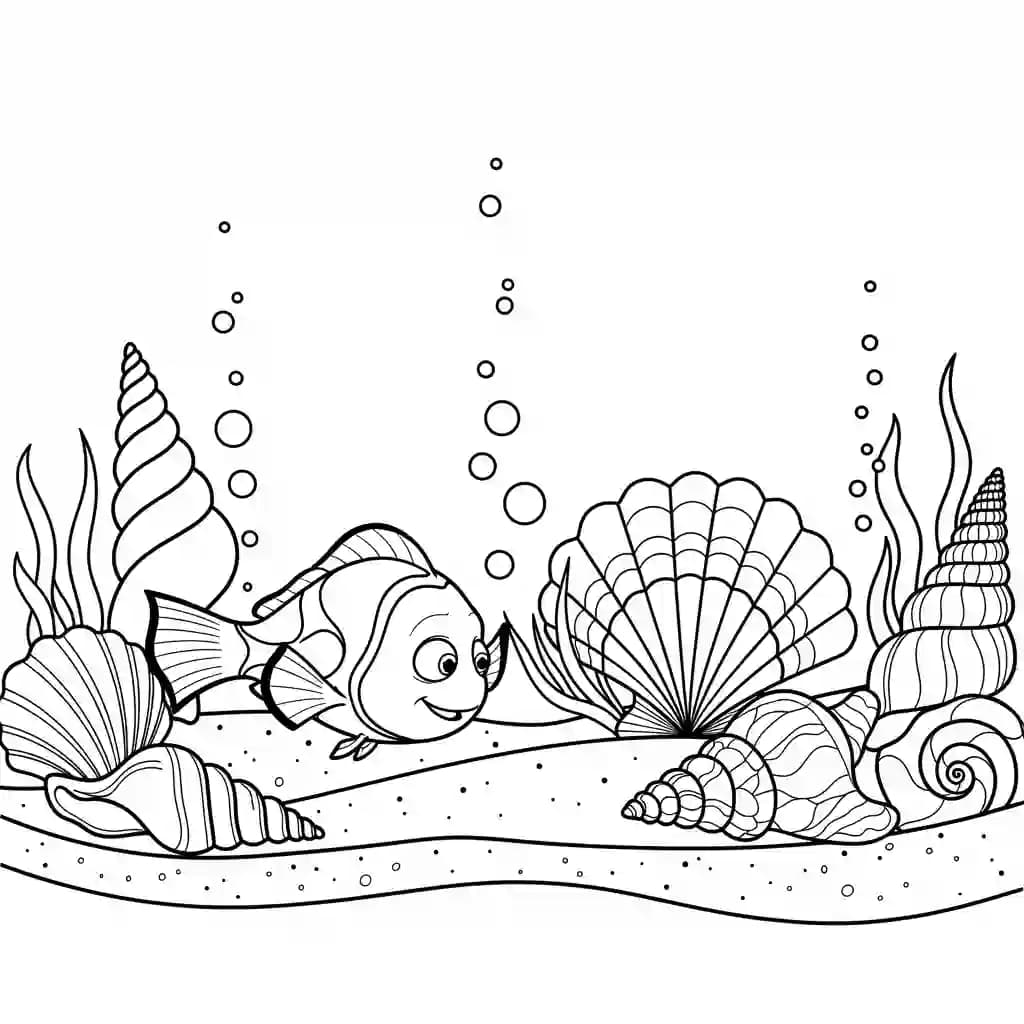 Nemo e Dory pegando conchas coloridas no fundo do mar em Procurando Nemo para colorir.