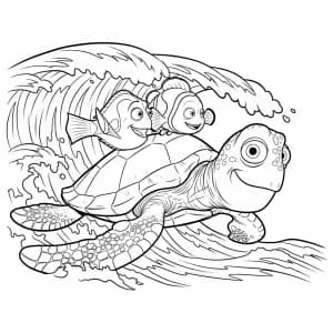 Dory e Nemo surfando nas ondas com a tartaruga Crush em Procurando Nemo para colorir