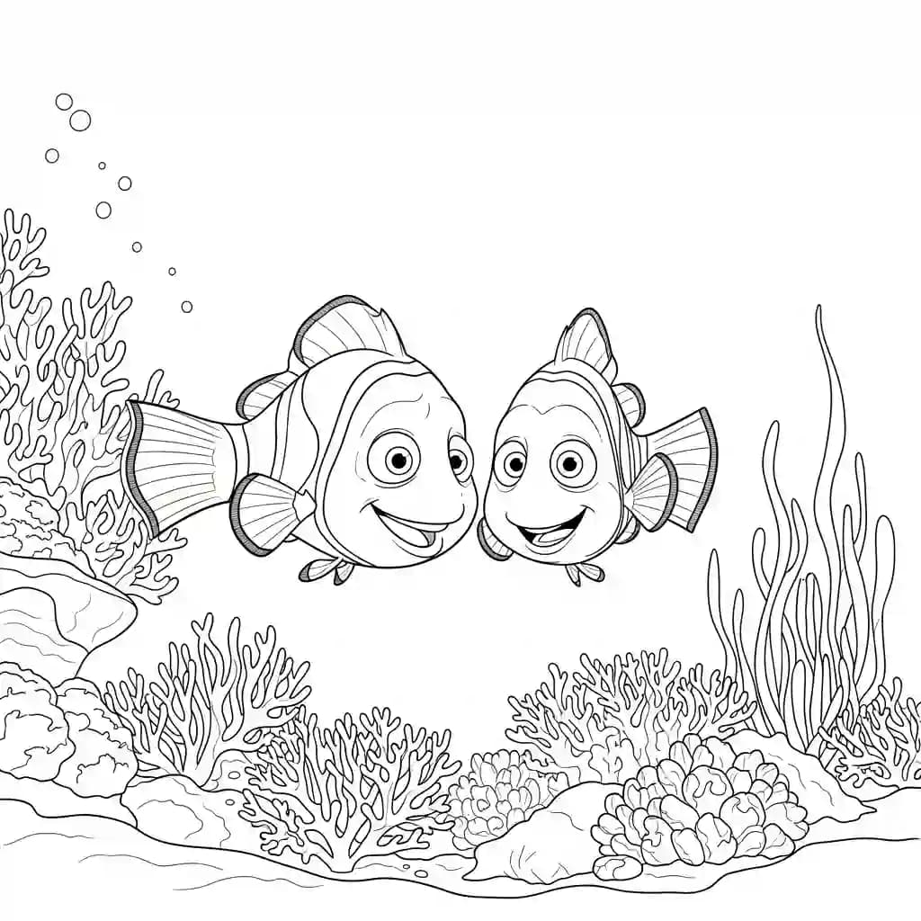 Nemo e Marlin nadando entre corais coloridos em Procurando Nemo para colorir.