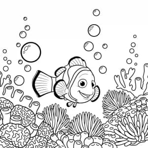Nemo brincando com bolhas de ar perto dos corais em Procurando Nemo para colorir