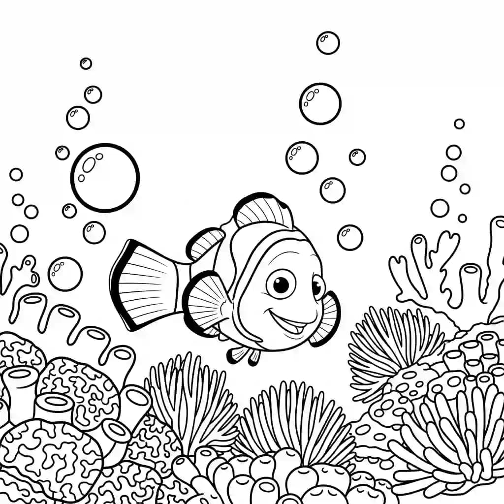 Nemo brincando com bolhas de ar perto dos corais em Procurando Nemo para colorir
