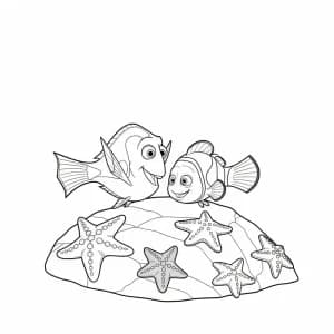 Dory e Nemo observando estrelas-do-mar em uma rocha em Procurando Nemo para colorir.