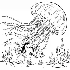 Dory e Nemo surpresos ao ver uma enorme água-viva brilhante em Procurando Nemo para colorir.