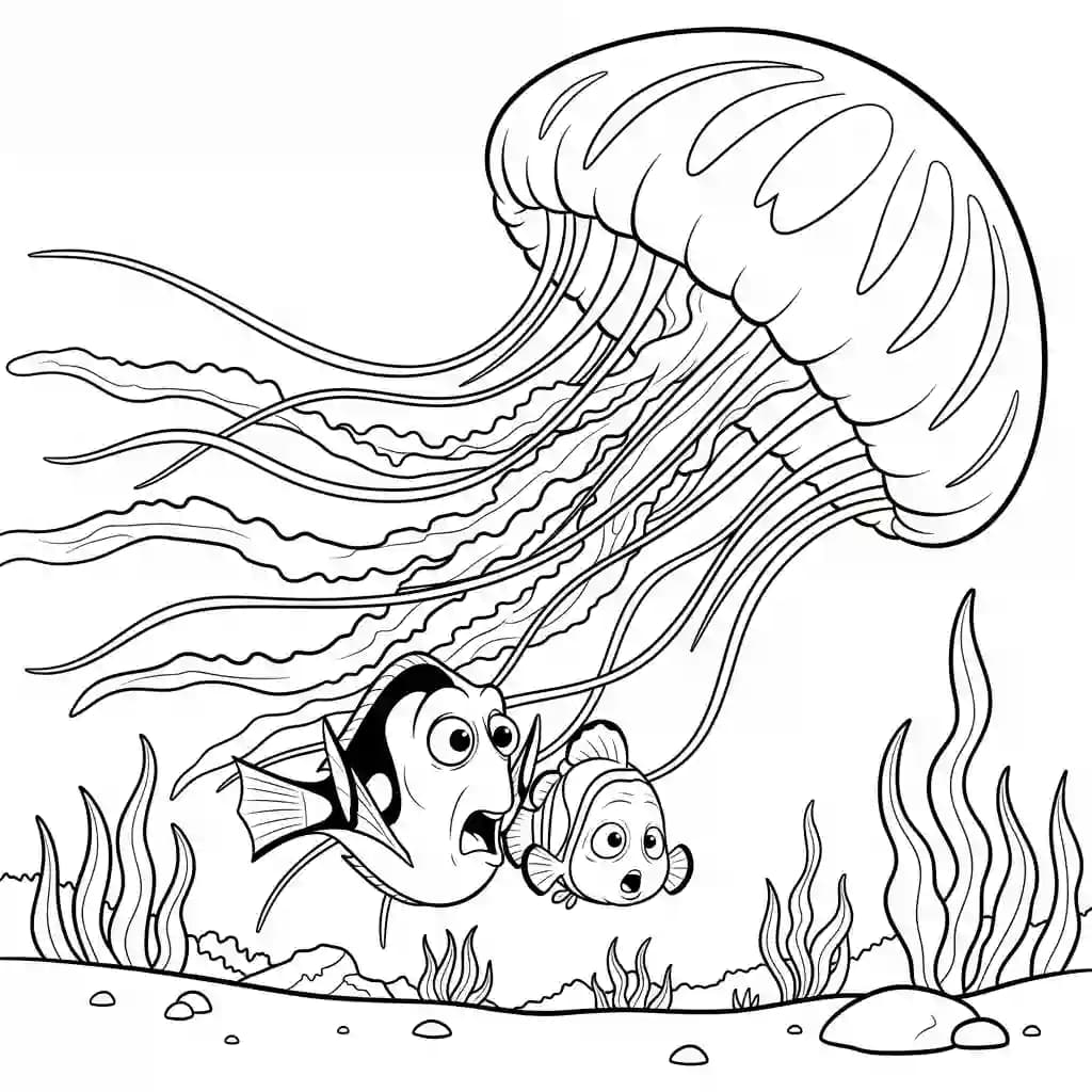 Dory e Nemo surpresos ao ver uma enorme água-viva brilhante em Procurando Nemo para colorir.