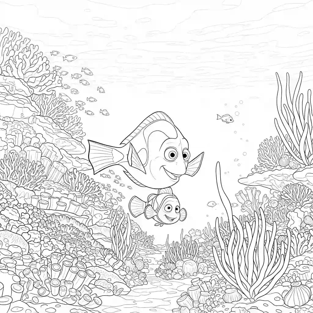 Nemo e Dory explorando o recife de corais cheio de peixinhos em Procurando Nemo para colorir.