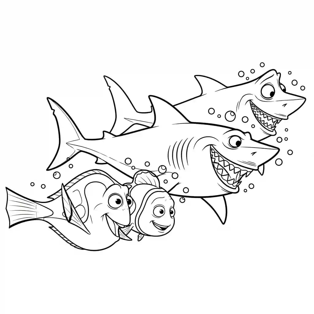 Marlin e Dory nadando rápido enquanto fogem dos tubarões em Procurando Nemo para colorir.
