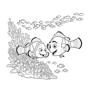 Nemo e Marlin no recife de coral para colorir