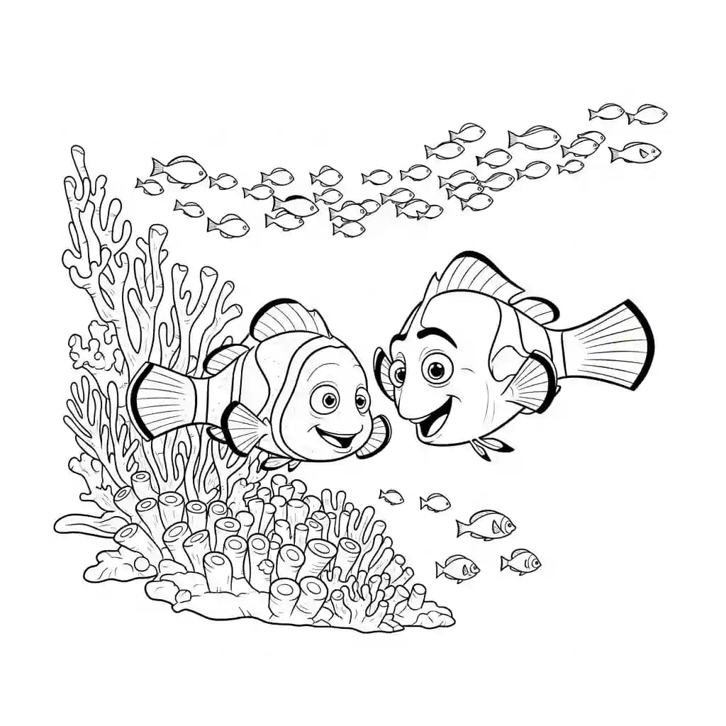 Nemo e Marlin no recife de coral para colorir