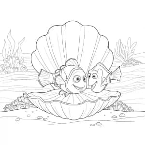 Nemo e Dory brincando com uma concha gigante no fundo do mar em Procurando Nemo para colorir.