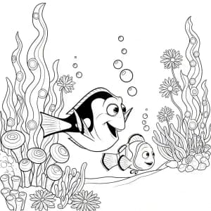 Dory guiando Nemo pelo oceano profundo com plantas brilhantes em Procurando Nemo para colorir.