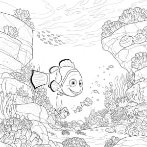 Nemo e Marlin explorando o fundo do mar com corais e peixinhos em Procurando Nemo para colorir.