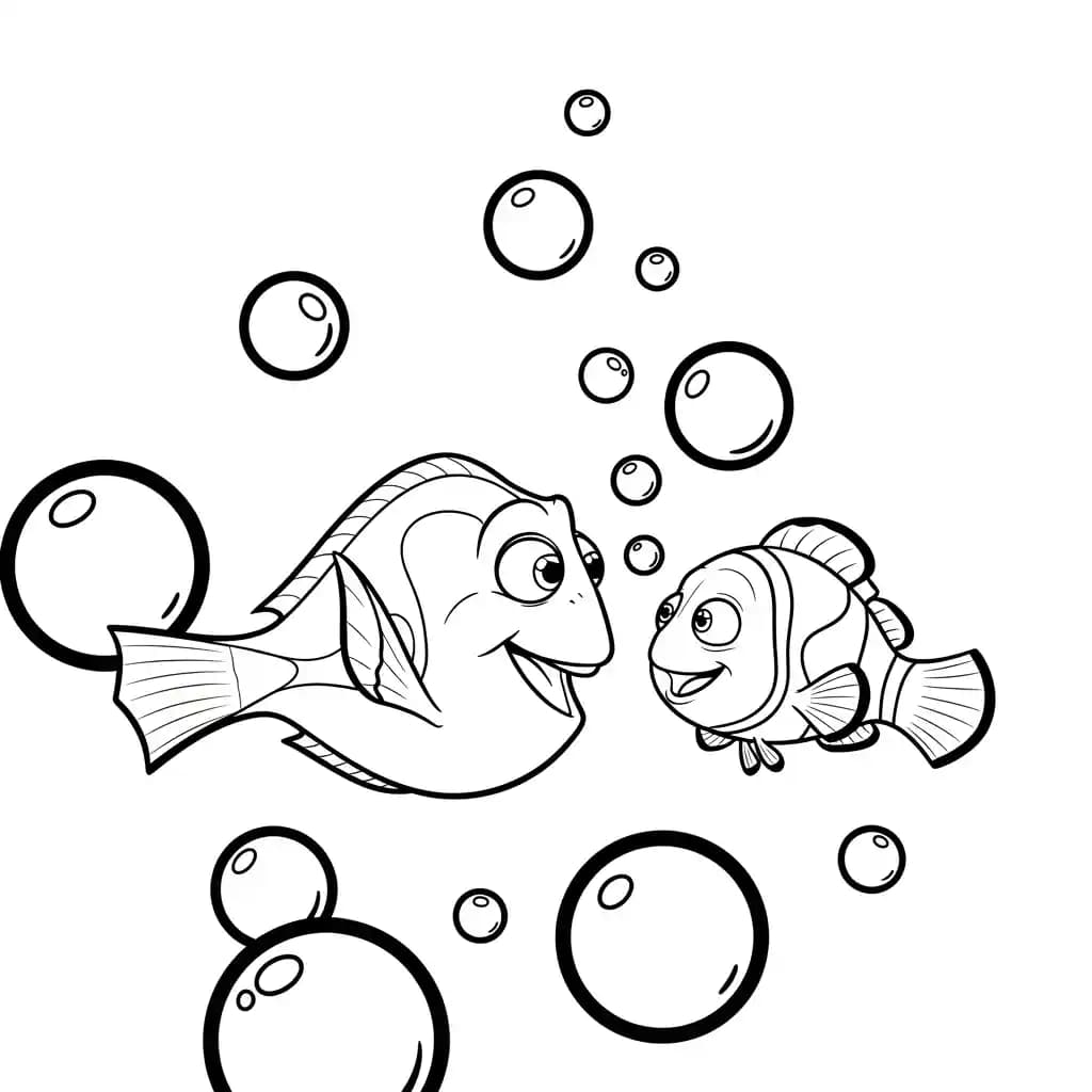 Dory e Nemo brincando entre bolhas coloridas no oceano em Procurando Nemo para colorir.
