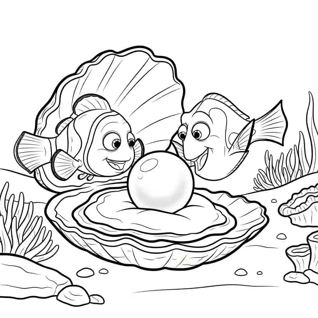 Nemo e Dory achando uma pérola brilhante dentro de uma concha em Procurando Nemo para colorir.