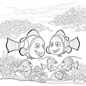 Marlin e Nemo nadando com cardumes de peixes coloridos em Procurando Nemo para colorir.