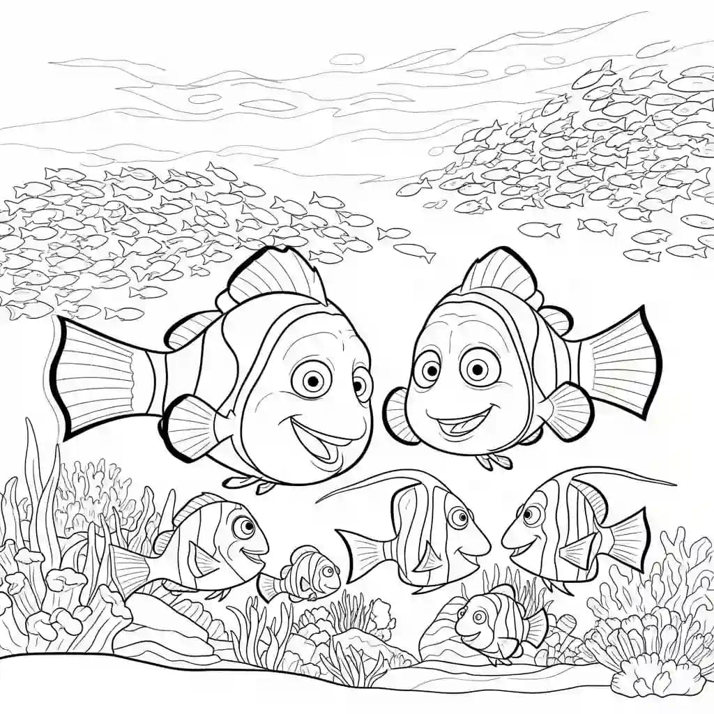 Marlin e Nemo nadando com cardumes de peixes coloridos em Procurando Nemo para colorir.