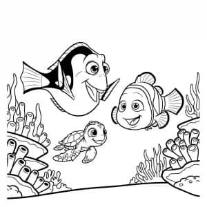 Dory e Nemo brincando com uma tartaruga bebê perto dos corais em Procurando Nemo para colorir.