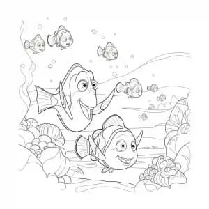 Nemo e Dory observando peixes luminosos no oceano escuro em Procurando Nemo para colorir.