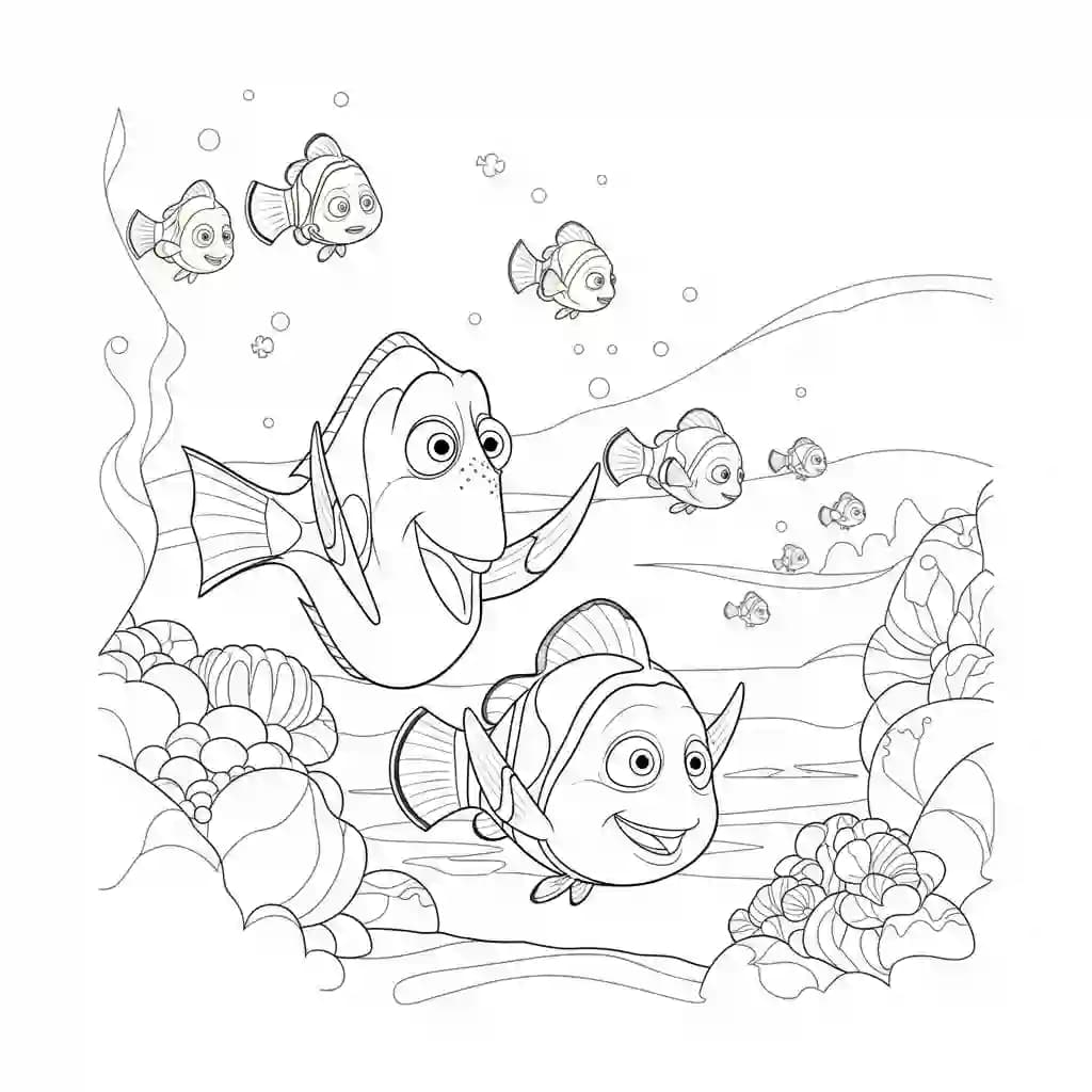 Nemo e Dory observando peixes luminosos no oceano escuro em Procurando Nemo para colorir.