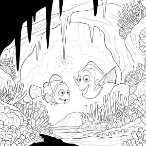 Marlin e Dory explorando uma caverna secreta iluminada por corais em Procurando Nemo para colorir.