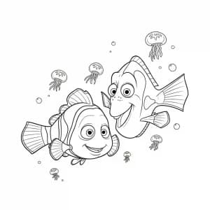 Nemo e Dory nadando entre pequenas águas-vivas no oceano em Procurando Nemo para colorir.