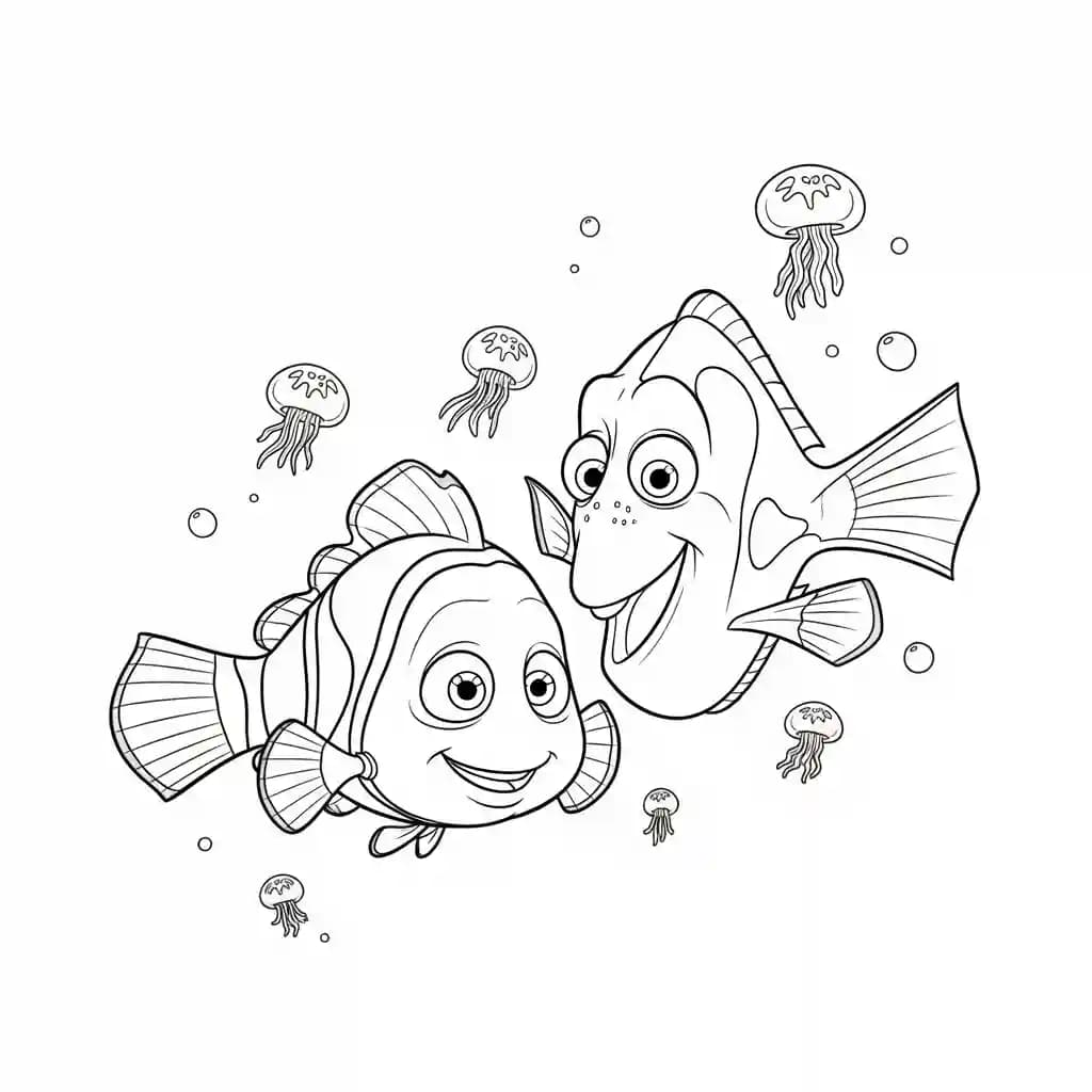 Nemo e Dory nadando entre pequenas águas-vivas no oceano em Procurando Nemo para colorir.