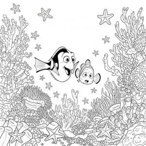 Dory e Nemo descobrindo um recife escondido cheio de estrelas-do-mar em Procurando Nemo para colorir.