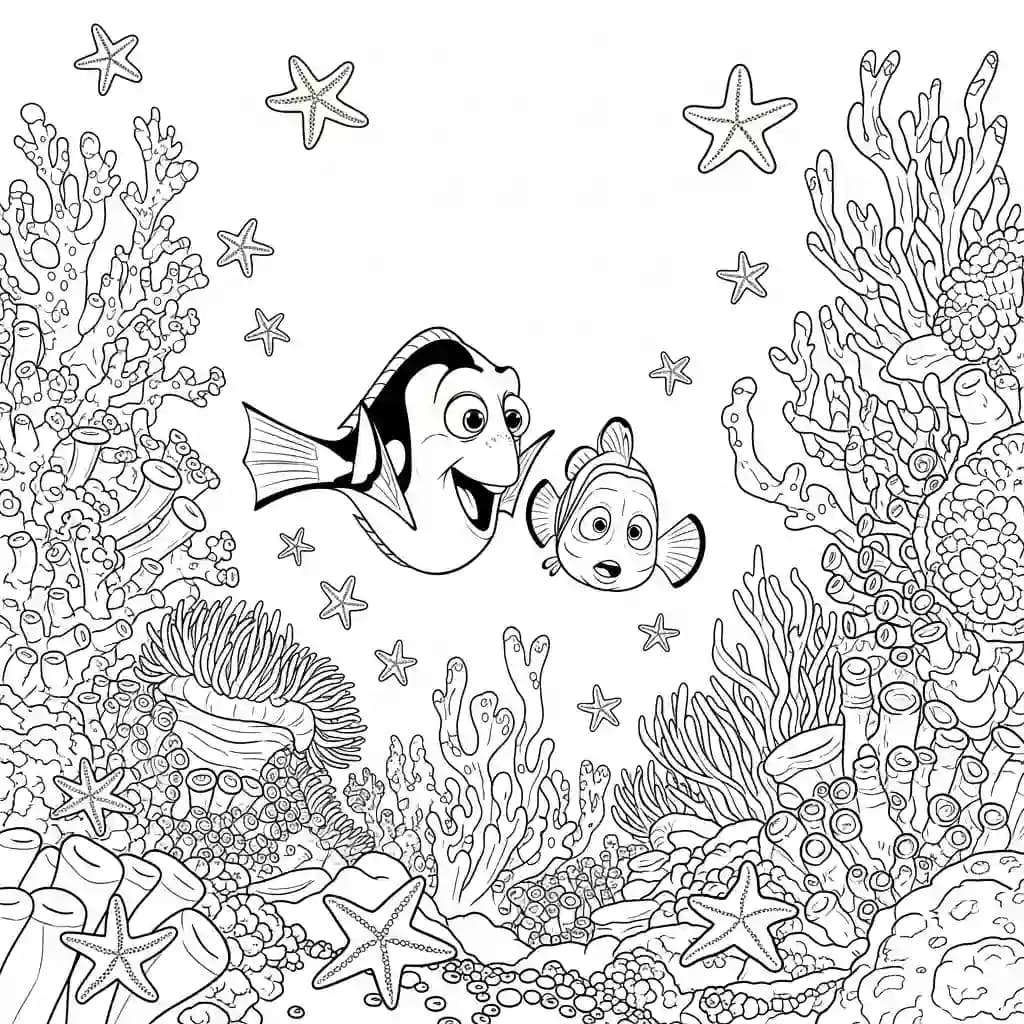 Dory e Nemo descobrindo um recife escondido cheio de estrelas-do-mar em Procurando Nemo para colorir.