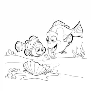Nemo e Marlin observando uma concha brilhante no fundo do mar em Procurando Nemo para colorir.