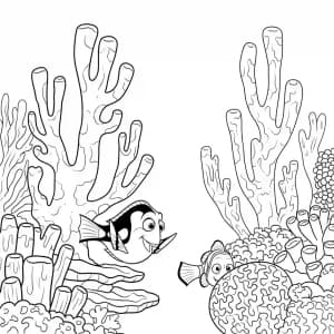 Dory e Nemo brincando de esconde-esconde entre corais altos em Procurando Nemo para colorir.