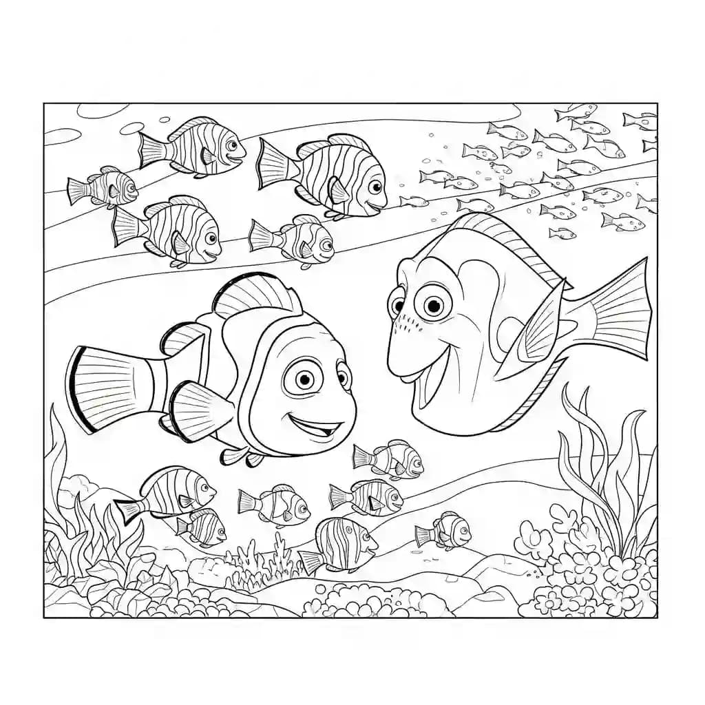 Marlin e Dory seguindo um cardume colorido no oceano em Procurando Nemo para colorir.