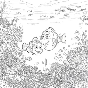 Nemo e Dory explorando um jardim de corais cheio de vida marinha em Procurando Nemo para colorir.