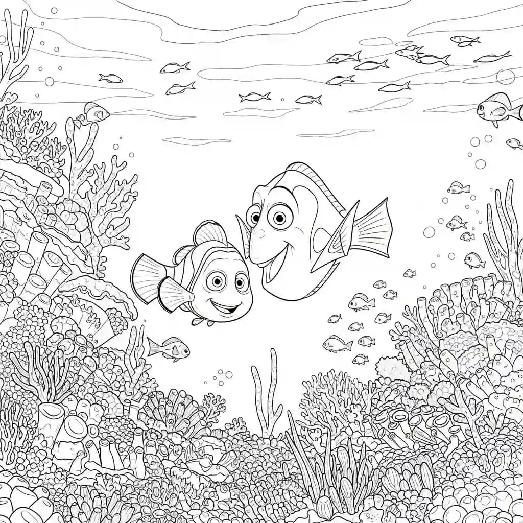 Nemo e Dory explorando um jardim de corais cheio de vida marinha em Procurando Nemo para colorir.